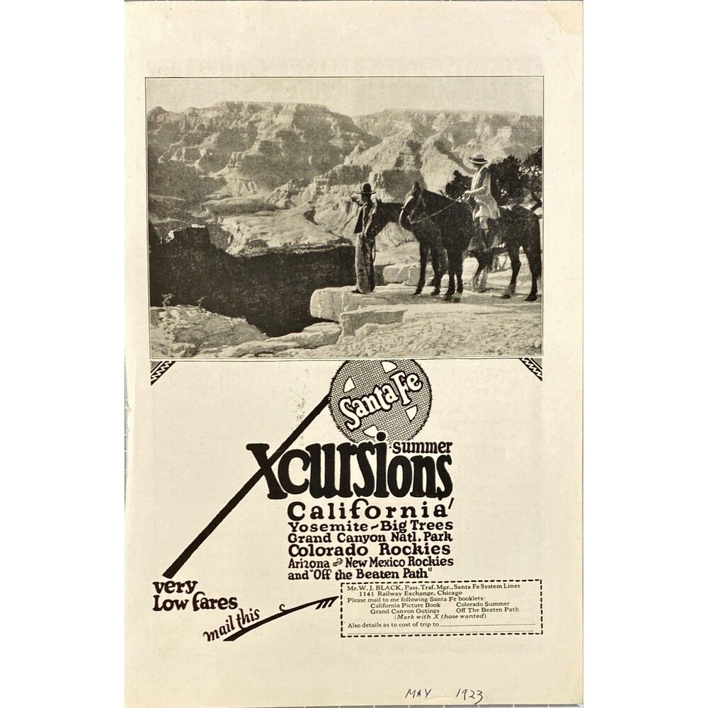 Santa Fe System Lines "Summer Xcursions-Very Low Fares" Vintage Print Ad 1923